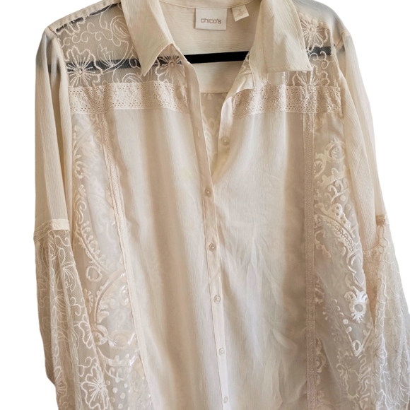 Chico's Lace Embroidered Sheer button down top Cream Size 3 / xl - Picture 1 of 5